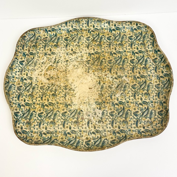 Vintage Other - Vintage Distressed Retro Cream Teal Yellow Paisley Paper Mache Serving Tray